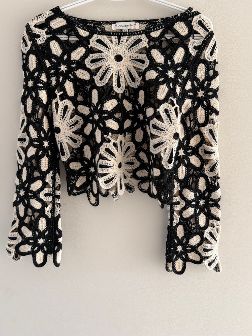 American Rag Black and Cream Floral Crochet Openwork Cardigan
